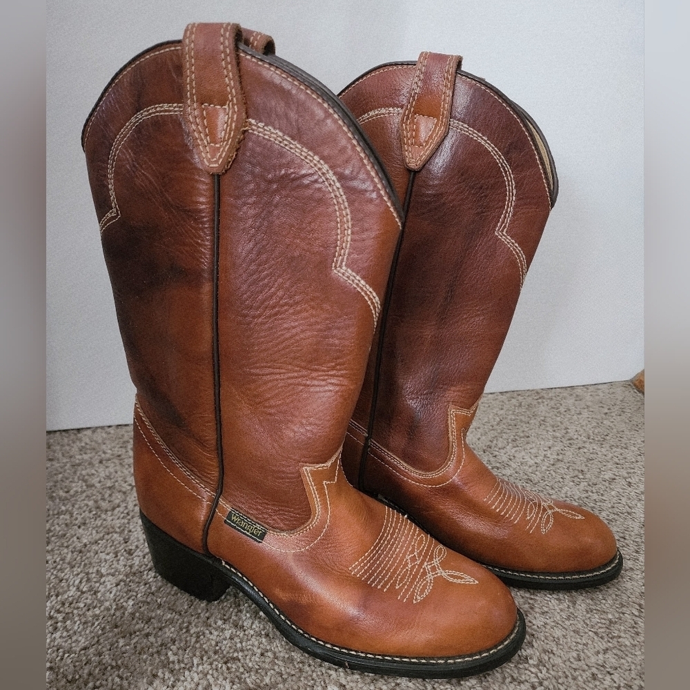 Wrangler Cowboy Boots Low-Calf Height 2 Tone Brown Leather Block Heel Sz 5D